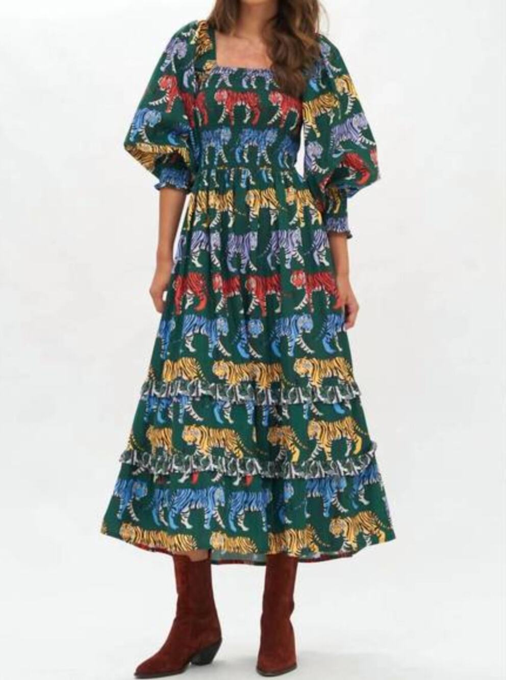 OLIPHANT Tuckernuck Smocked Puff Sleeve Ruffle Midi Dress Tiger Print Green Raj